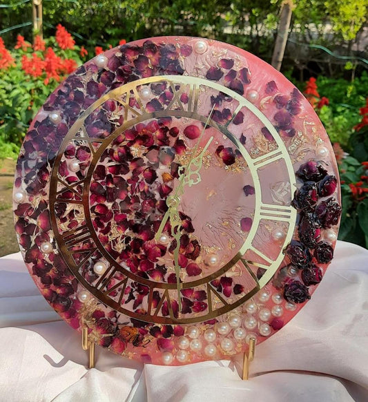 Rose-Infused Time Resin Wall Clock with Preserved Rose Petals
