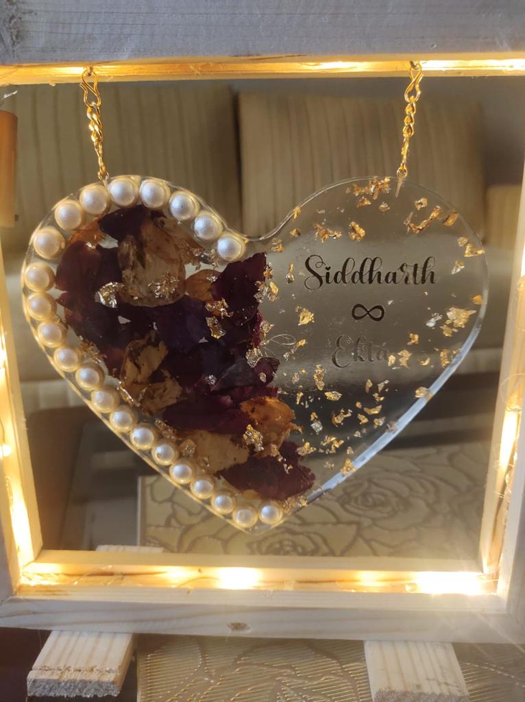 Pearl Blossom Delight: LED Hanging Heart with Resin Flowers and Pearls in a Whimsical Wooden Frame