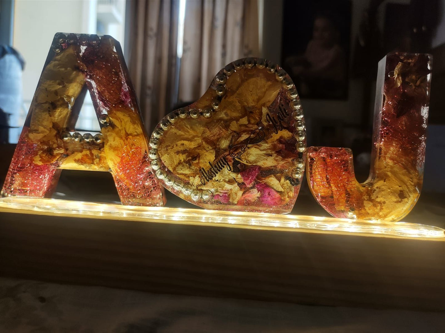 Love in Full Bloom: Custom Couples' Initials with Heart and LED Wooden Stand