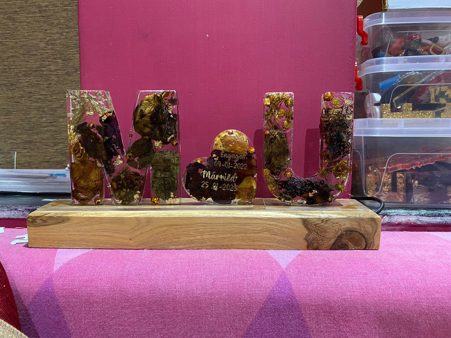 Love in Full Bloom: Custom Couples' Initials with Heart and LED Wooden Stand