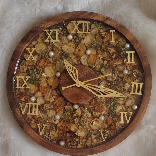 Botanical Timepiece Funky Flower Preservation Clock in Teakwood Frame