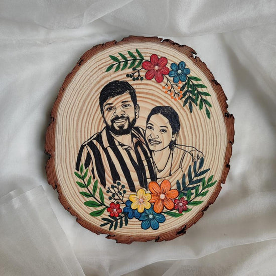 Connected Hearts 8 Inches Hand-Painted Wooden Slice of Two People