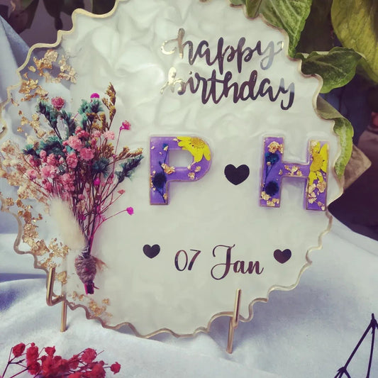 Flower Power Resin Happy Birthday Tabletop with Vibrant Preserved Blooms