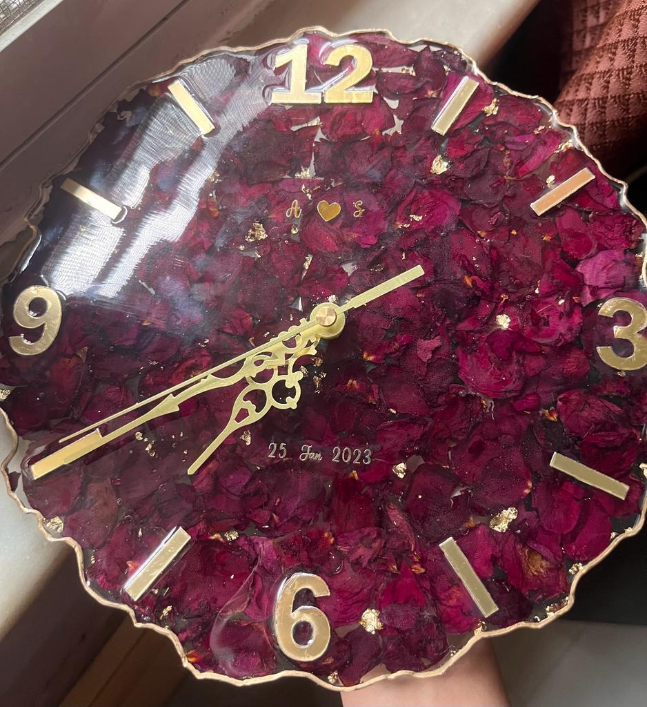 Rose Petal Symphony: Preserved Flower Resin Wall Clock Varmala presevation
