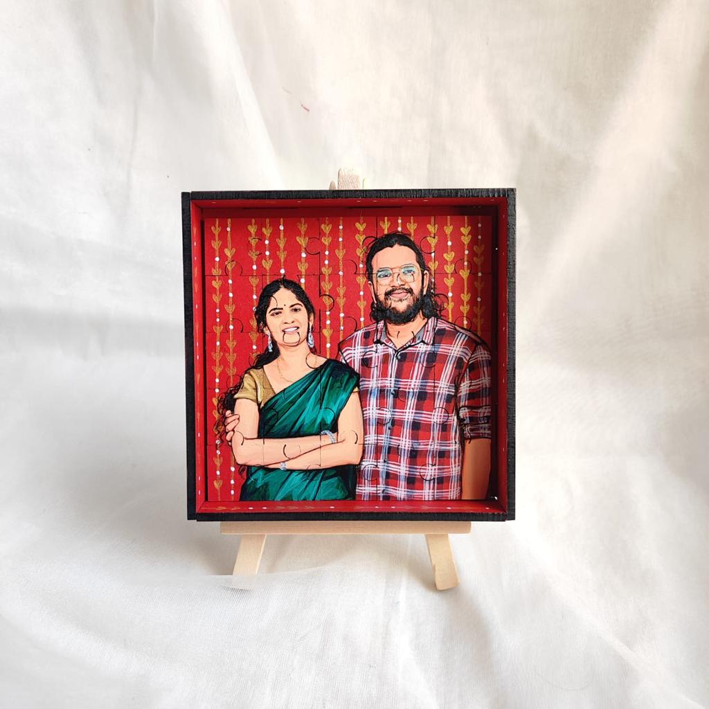 Enigmatic Duo: Intricate 5x5 Inch Couple Puzzle with 25 Hand-Painted Pieces