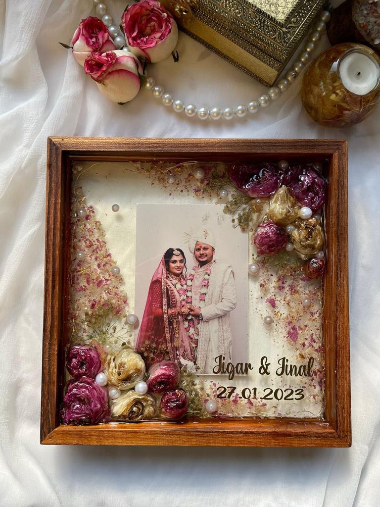 Funky Foliage: Jaimala Preservation in Wooden Frame with Couples' Picture