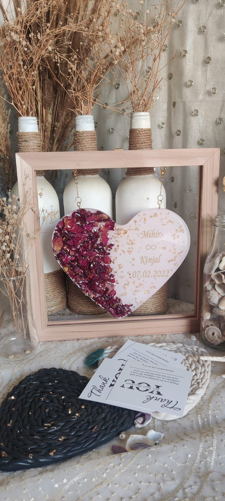 Radiant Blossom Hearts: Resin Flower Heart Hanging with LED Wooden Stand