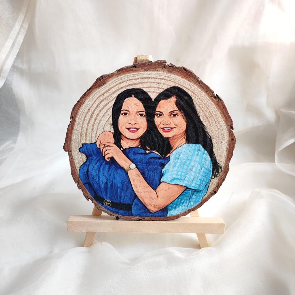 Duo Delight: 6 inches Hand-Painted Wooden Slice Art Celebrating Togetherness