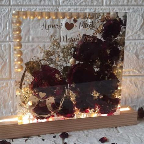 Rose Radiance: LED Resin Rose Illuminated in a Square Resin Block with Wooden Stand