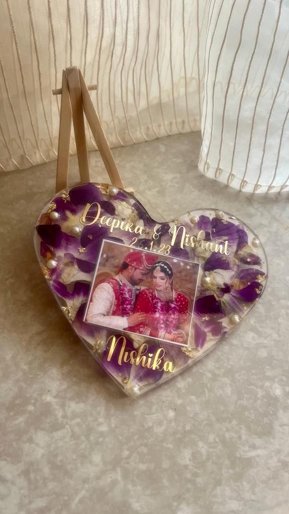 Handcrafted Heart Resin Block with Varmala and Couple's Photo