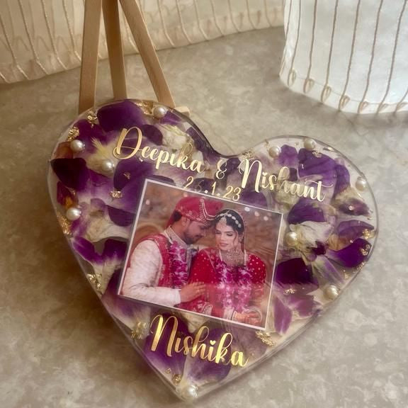 Handcrafted Heart Resin Block with Varmala and Couple's Photo