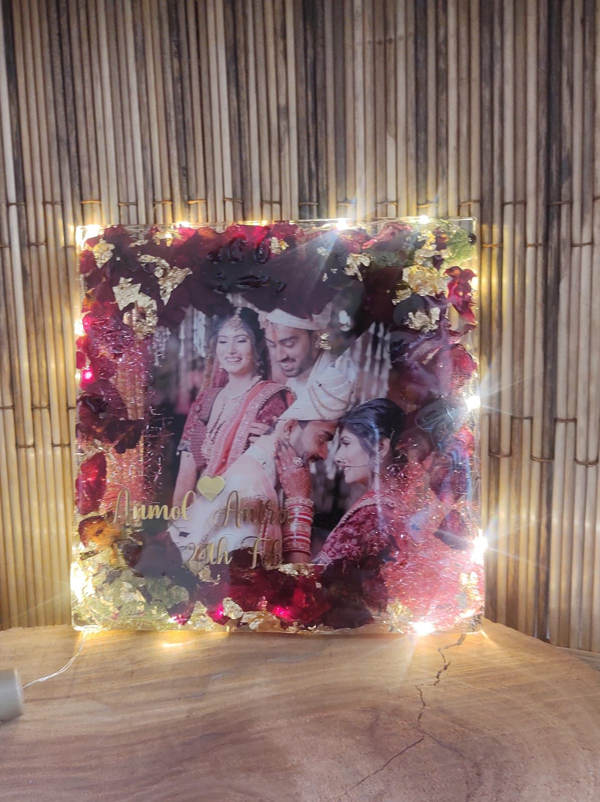 Glowing Romance Personalized Resin Wedding Flower Keepsake with Couples Picture
