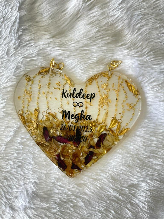 Kalira Treasures: Resin Hanging Heart Frame with Preserved Bridal Kaliras and Custom Couple's Name