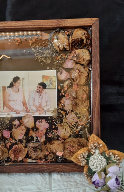 Eternal Bonds Resin Preserved Varmala Flowers in a Timeless Wooden Frame with Couples' Pictures