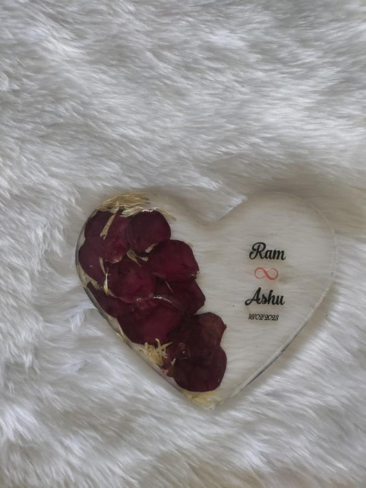 Floral Romance Heart shaped Coaster with Couples Name and Preserved Rose Petals