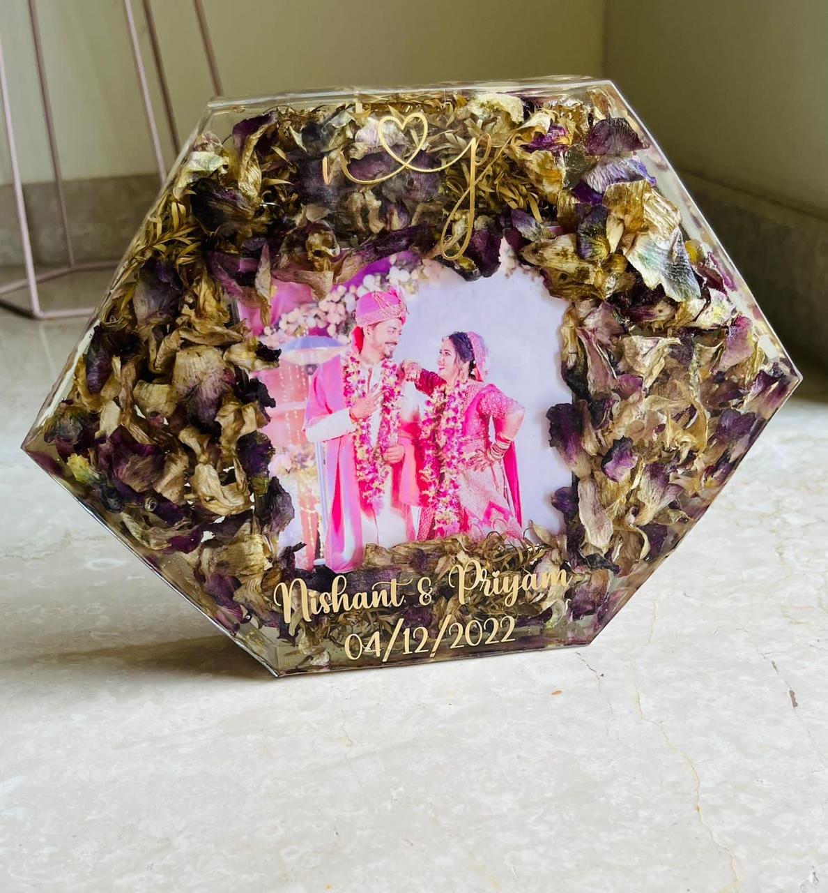 Resin Hexagonal Block with Couple's Picture and Preserved Wedding Flowers