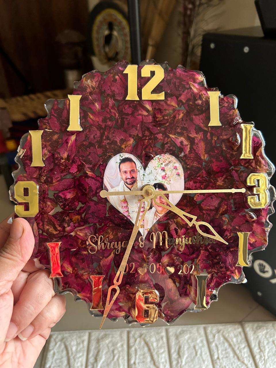 Personalized Resin Clock with Real Rose Petals