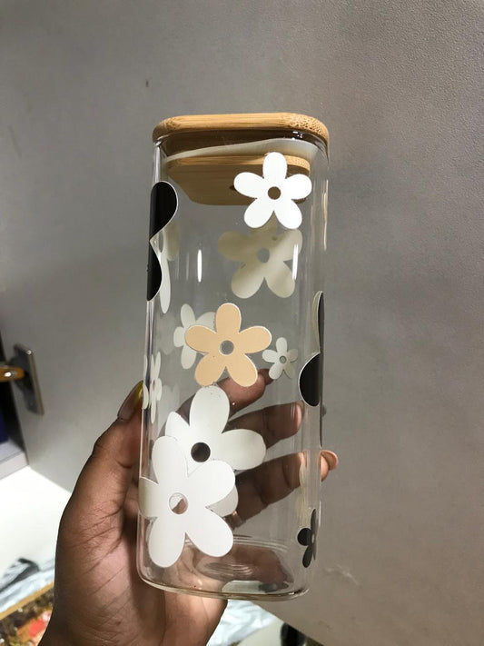 Daisy Floral Glass Cup with Bamboo Lid