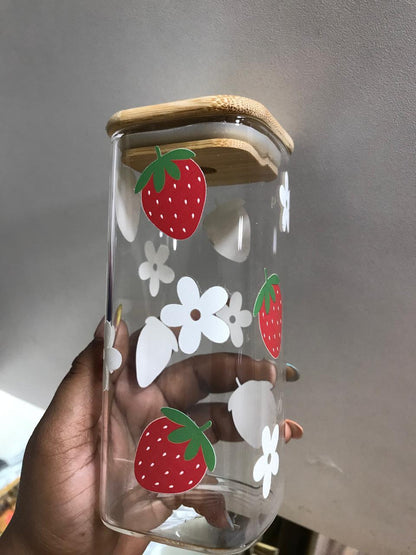 Daisy Floral Glass Cup with Bamboo Lid