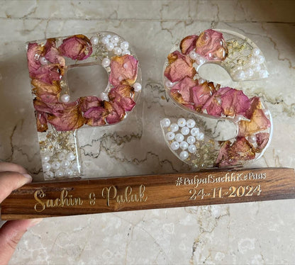 Personalized Resin Letter Decor with Preserved Flowers &amp; Wooden Base