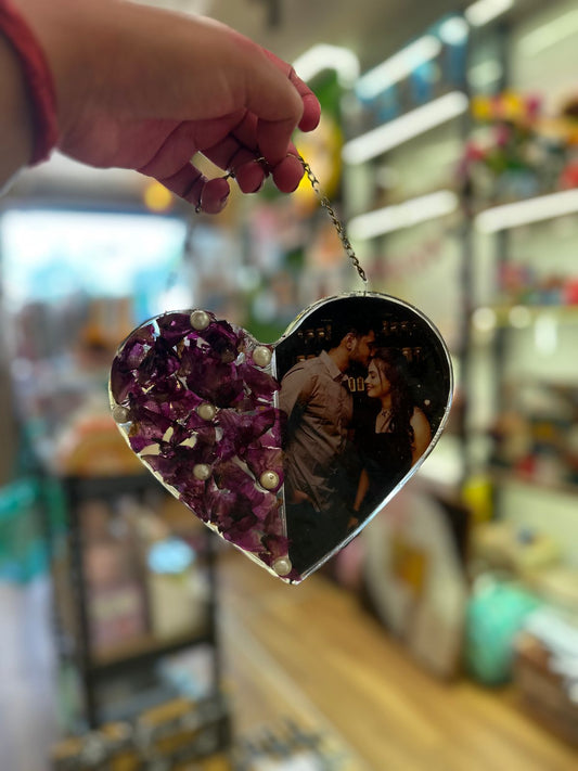 Personalized Resin Heart Photo Ornament with Preserved Flowers