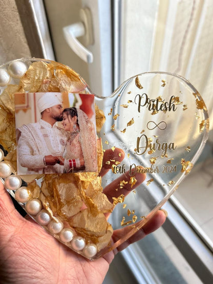 Personalized Resin Heart with Photo, Gold Flakes, and Decorative Elements