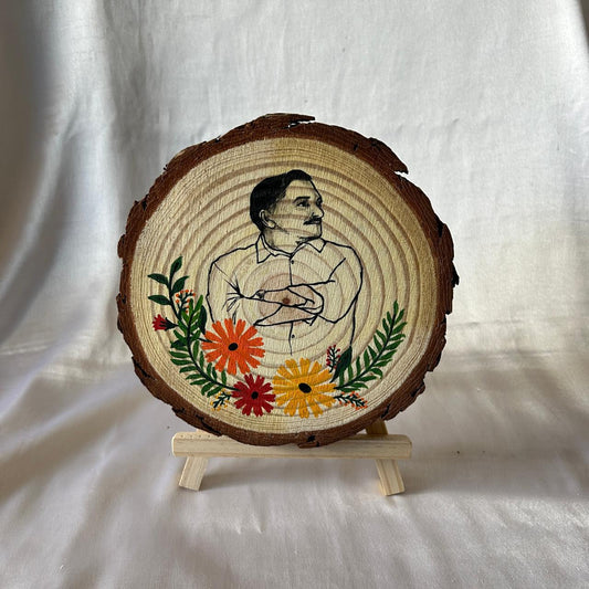 Hand-Painted Portrait on Wood Slice with Floral Embellishments &amp; Easel