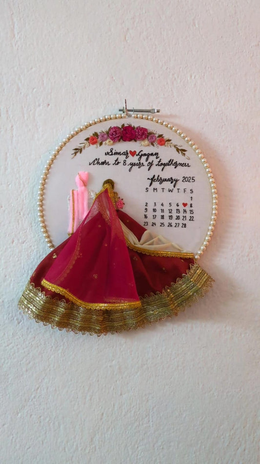 Handmade Embroidered Hoop Art with Anniversary Calendar &amp; Fabric Couple