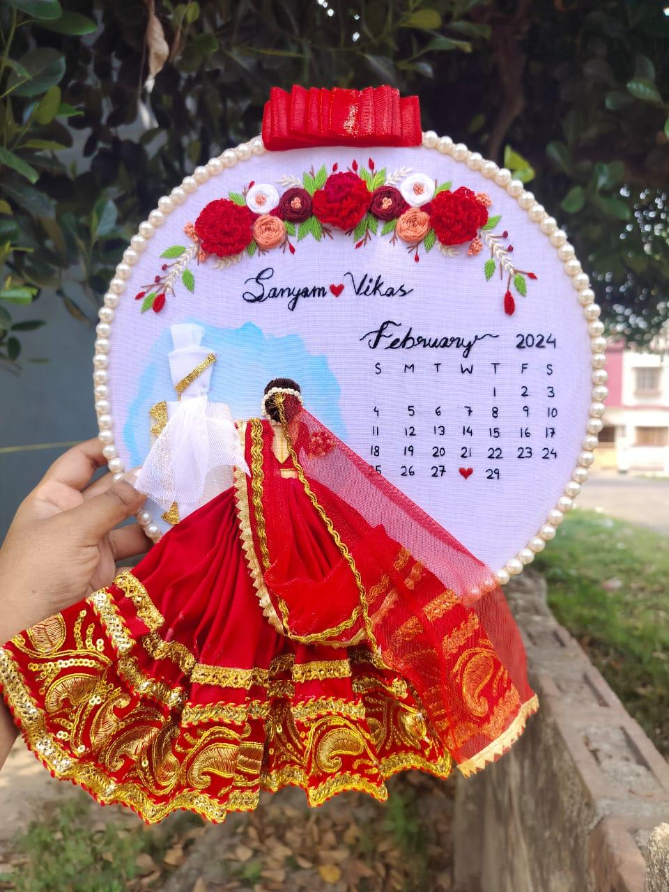 Handmade Embroidered Hoop Art with Anniversary Calendar &amp; Fabric Couple