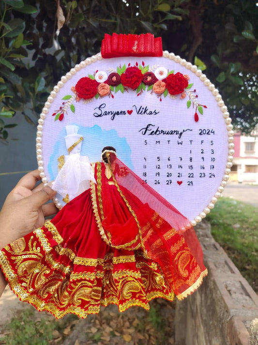 Handmade Embroidered Hoop Art with Anniversary Calendar &amp; Fabric Couple