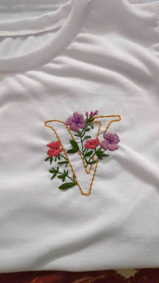 Handmade Embroidered T-Shirt with Floral Letter