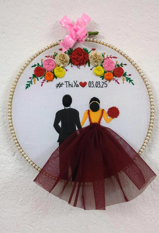 Handmade Embroidered Hoop Art with Fabric Couple &amp; Custom Message