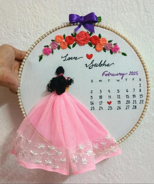 Handmade Embroidered Hoop Art with Calendar &amp; Fabric Doll