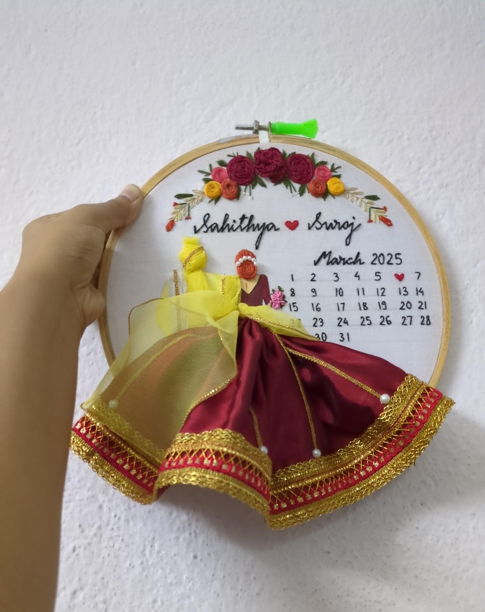 Handmade Embroidered Hoop Art with Wedding Calendar &amp; Fabric Couple