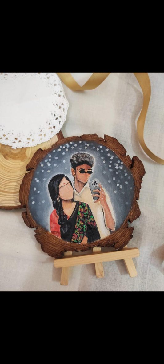 Hand Painted Faceless Portrait of Couple on a Wooden Slice