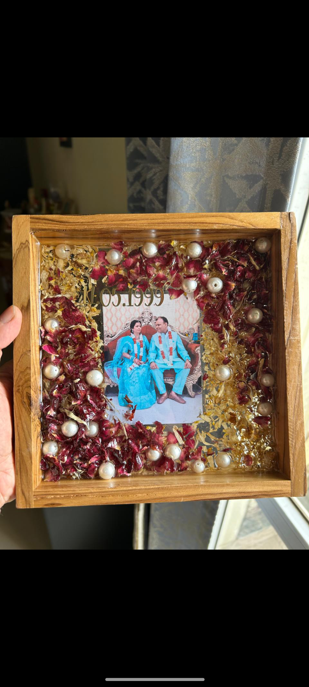 Wooden Framed Resin Art with Photo, Rose Petals, Pearls, and Date