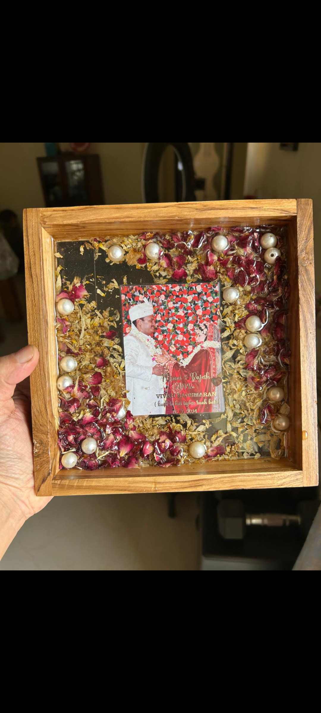 Resin Photo Keepsake Box with Floral and Pearl Accents