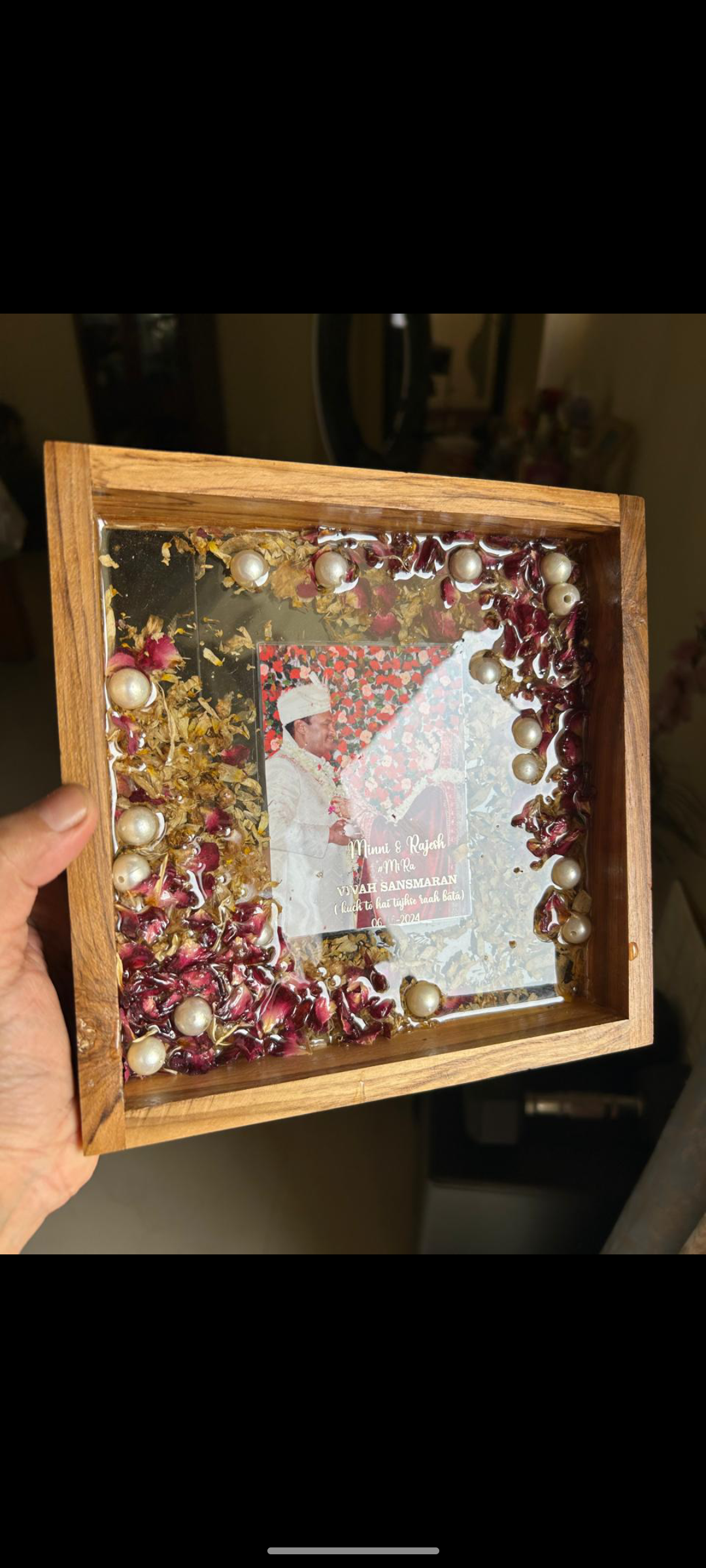 Resin Photo Keepsake Box with Floral and Pearl Accents