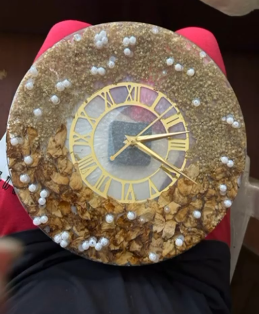 Decorative Resin Clock with Floral and Pearl Accents
