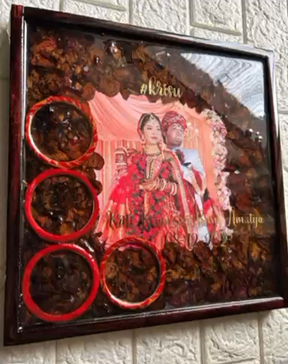 Personalized Wedding Photo Resin Frame with Rings and Hashtag