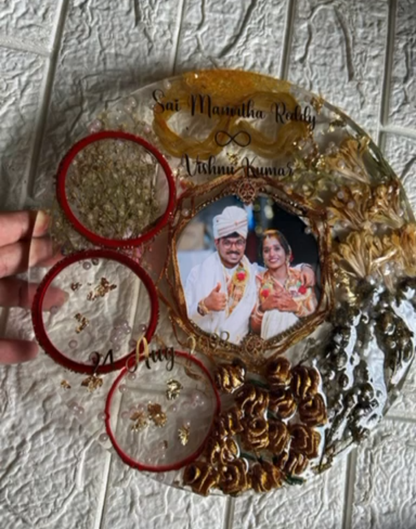 Personalized Resin Photo Plaque with Names, Rings, and Date