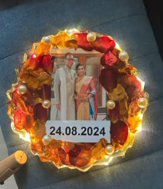 Illuminated Resin Photo Plaque with Date and Floral Accents