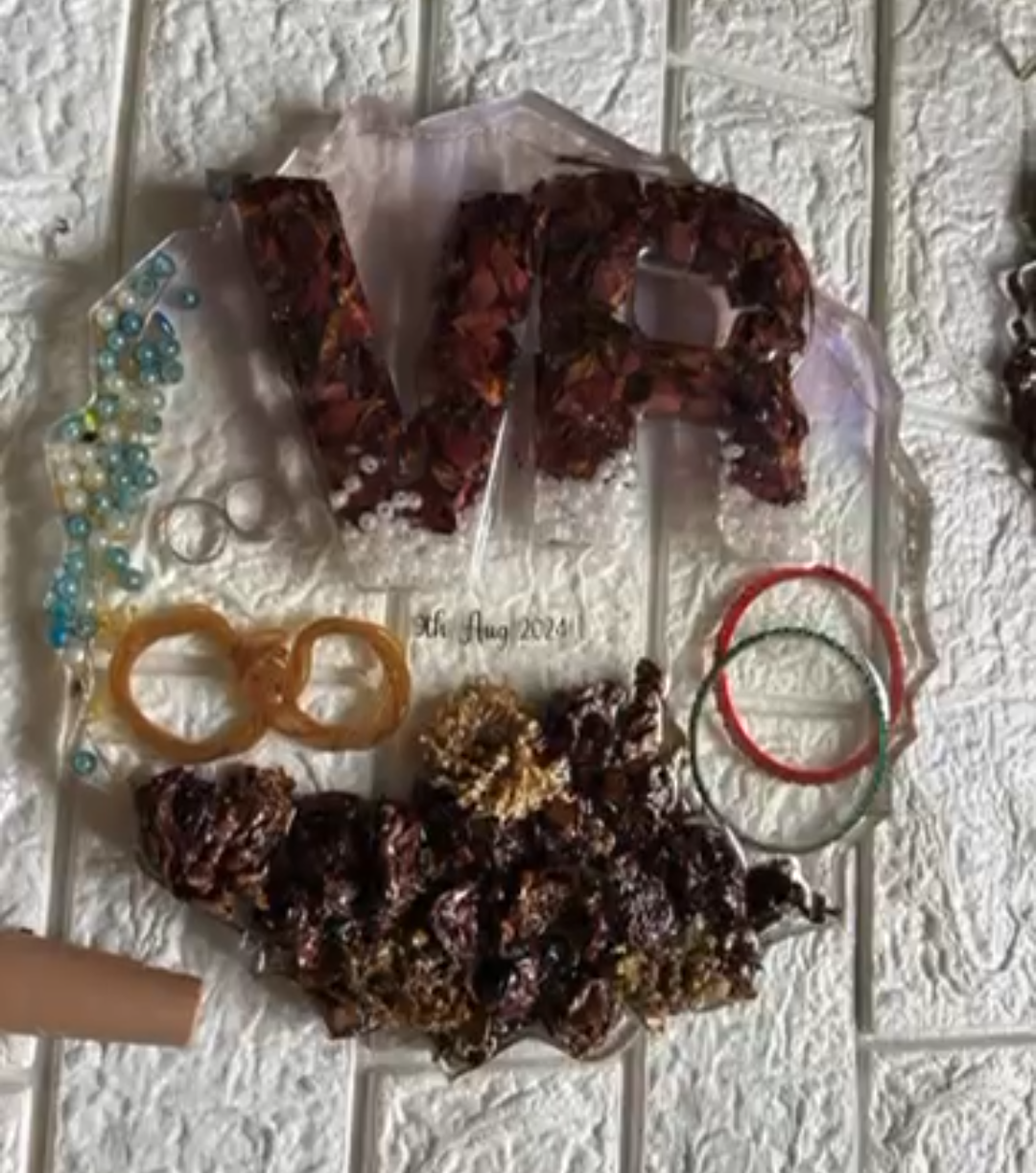 Resin Letter Initials (VR) with Rings and Floral Details