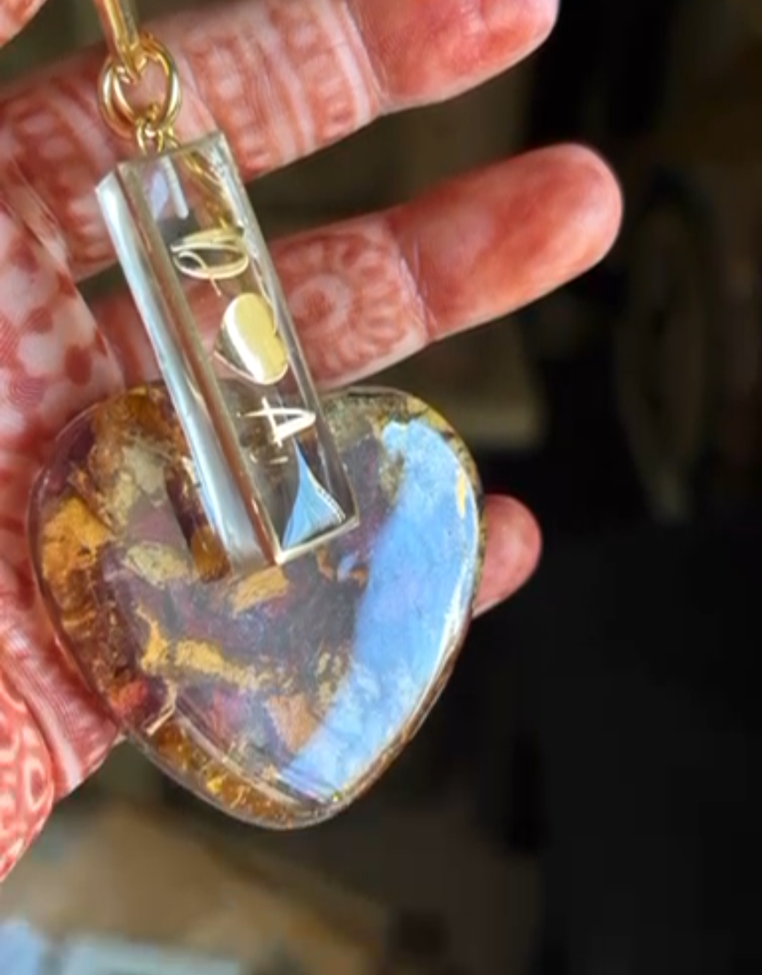 Resin Heart Keychain with Initials and Gold Accents