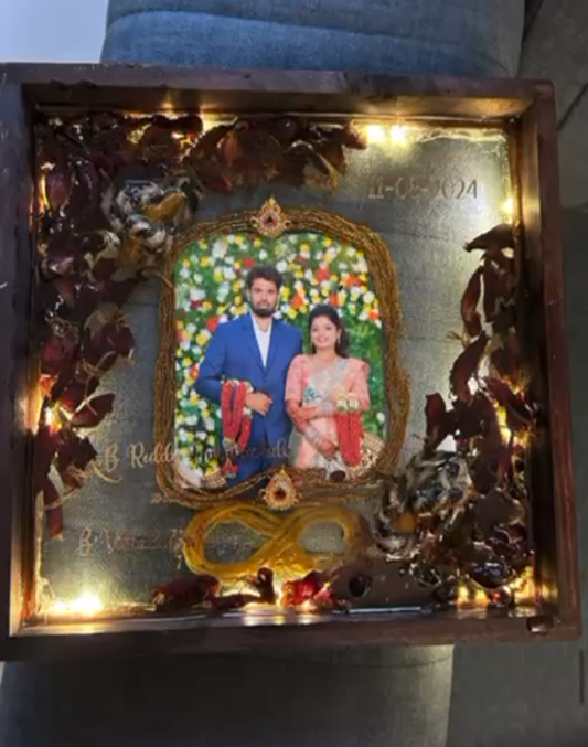 Illuminated Resin Wedding Photo Frame with Names, Date, and Floral Details