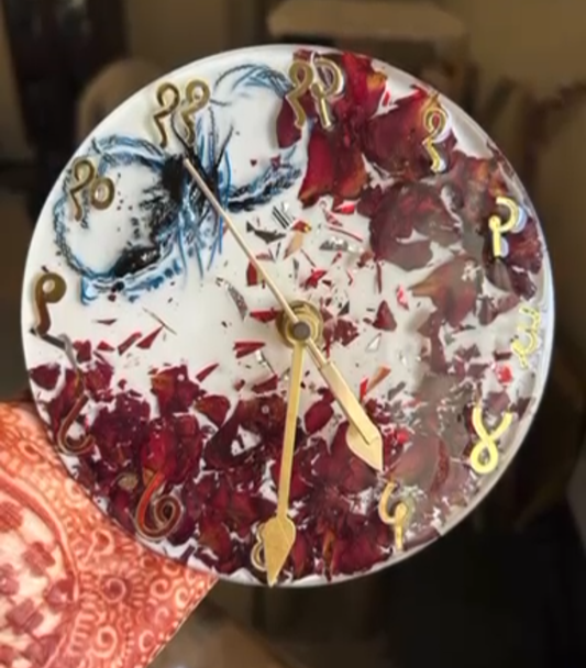 Resin Clock with Devanagari Numerals and Rose Petals