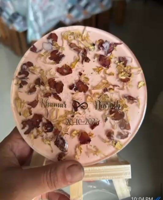 Resin Keepsake with Couple Names, Date, and Floral Inclusions on Stand