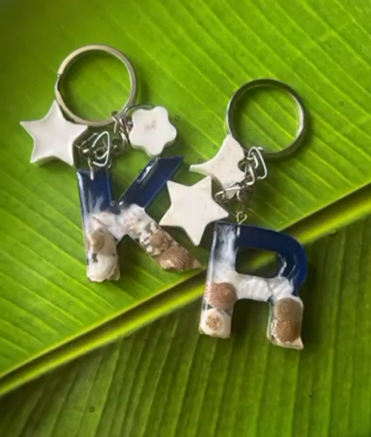 Resin Letter Initial Keychains (K &amp; R) with Shells and Star Charms