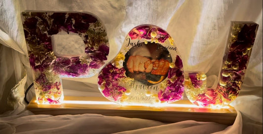 Floral Love Glow Resin Couples Initial with Preserved Flowers and Heart on LED Stand