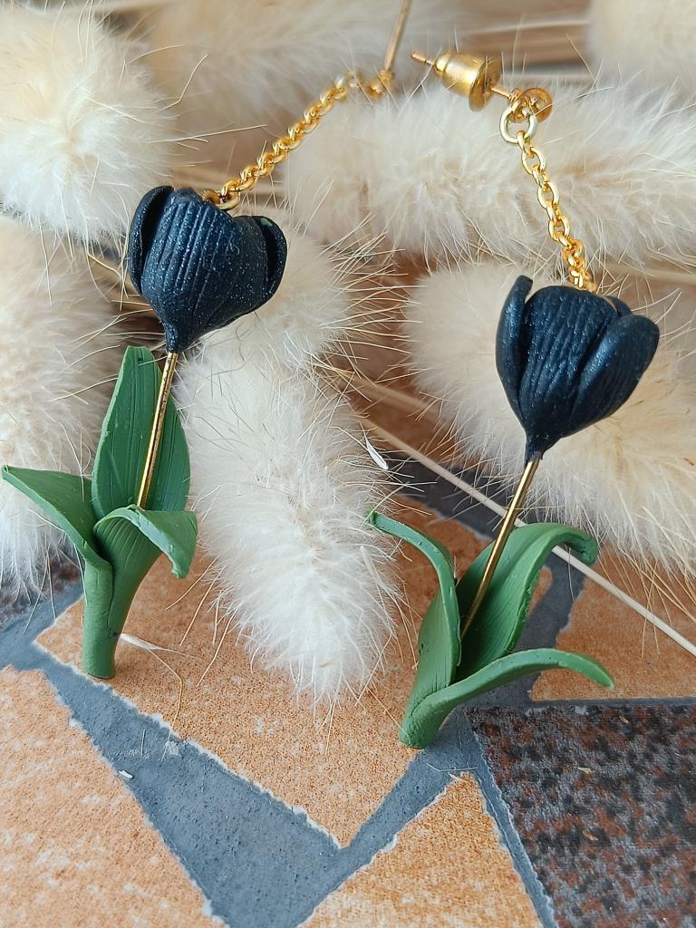 Black Tulip Clay Earrings with chain
